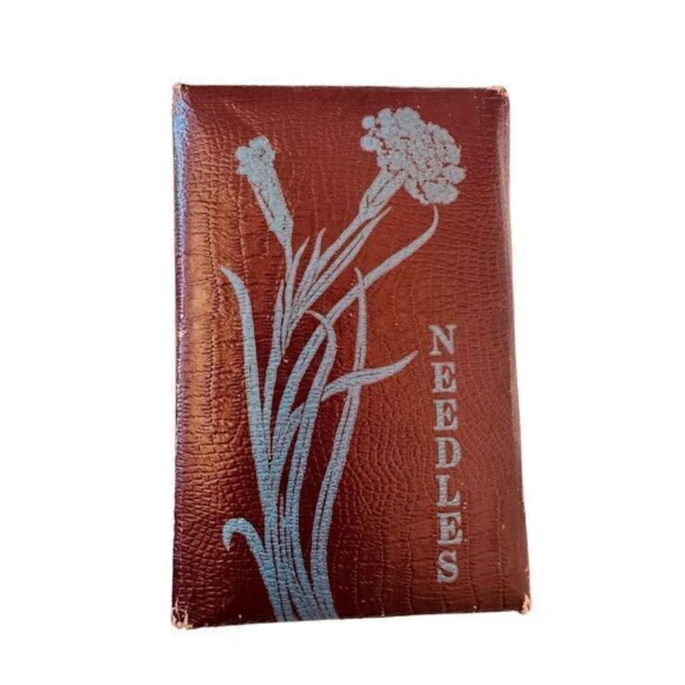 Antique Needle Booklet Double Folding Maroon With‎ Blue Flowers Czechoslovakia